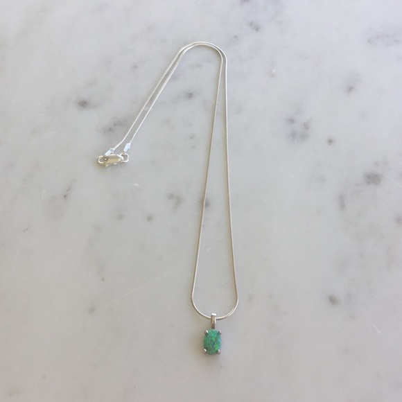 Sterling Silver Green Lab Oval Opal Necklace - Picture 4 of 17